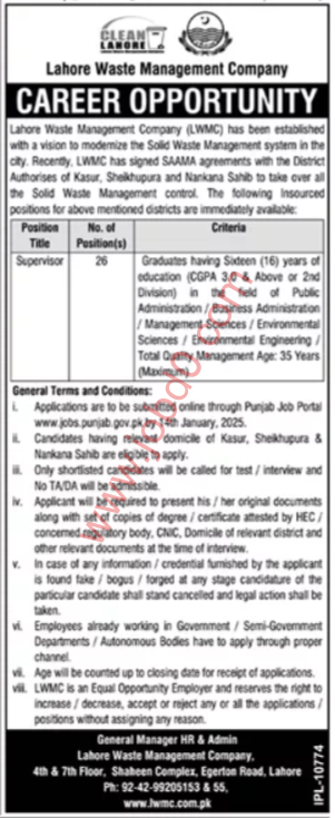 Lahore Waste Management Company Jobs