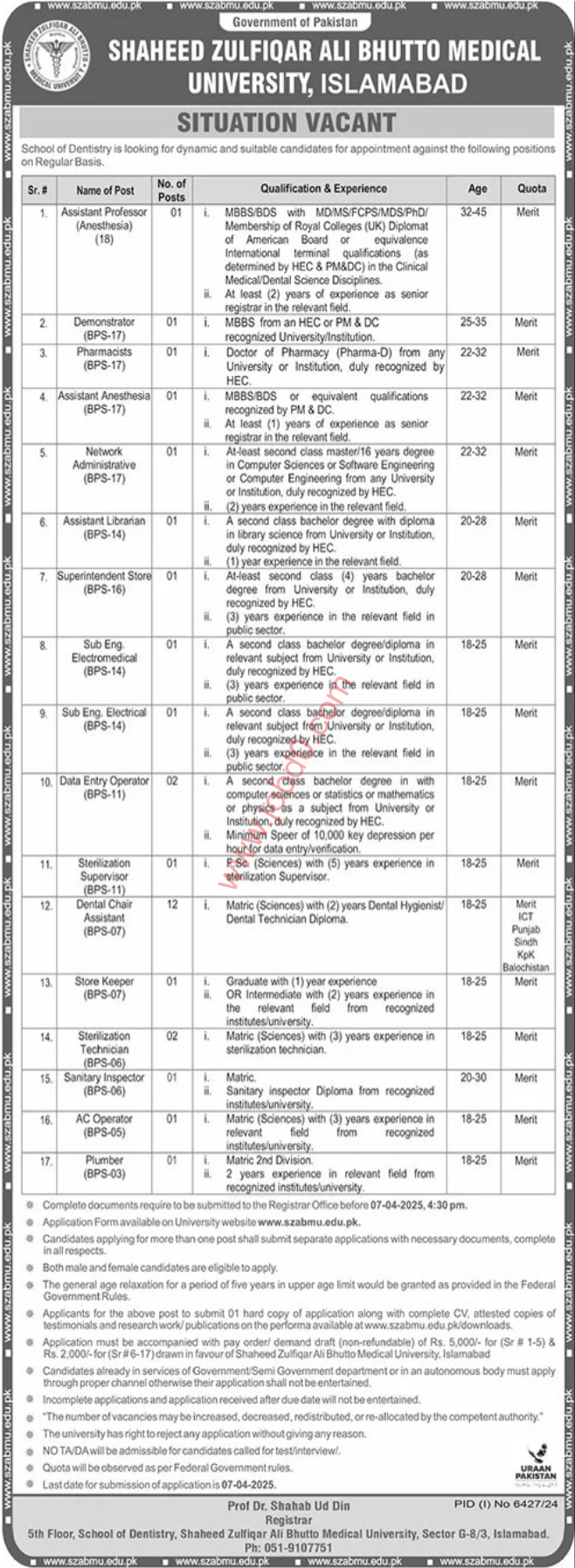 Shaheed Zulfiqar Ali Bhutto Medical University SZABMU Jobs
